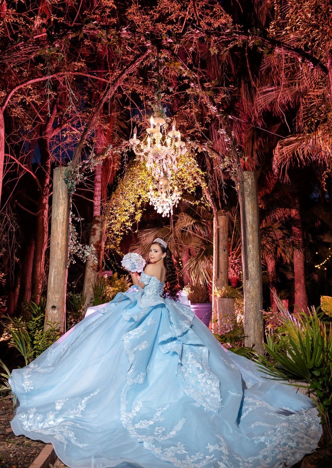 Carolina looking over her shoulder with her gown train spread out